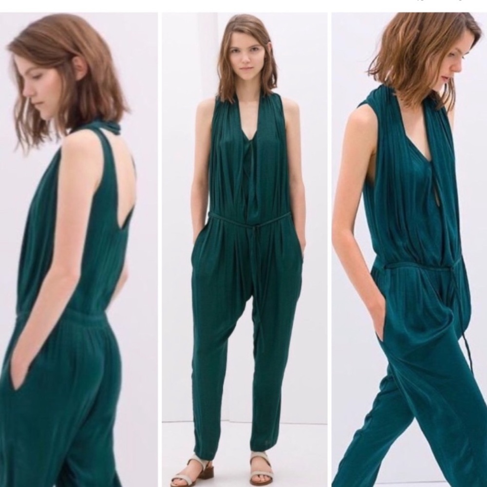 Zara emerald green satin jumpsuit XS